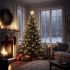Волшебная новогодняя ночь в уютном доме: украшенная ель, падающий снег за окном и теплое свечение гирлянд. Создание праздничного настроения.