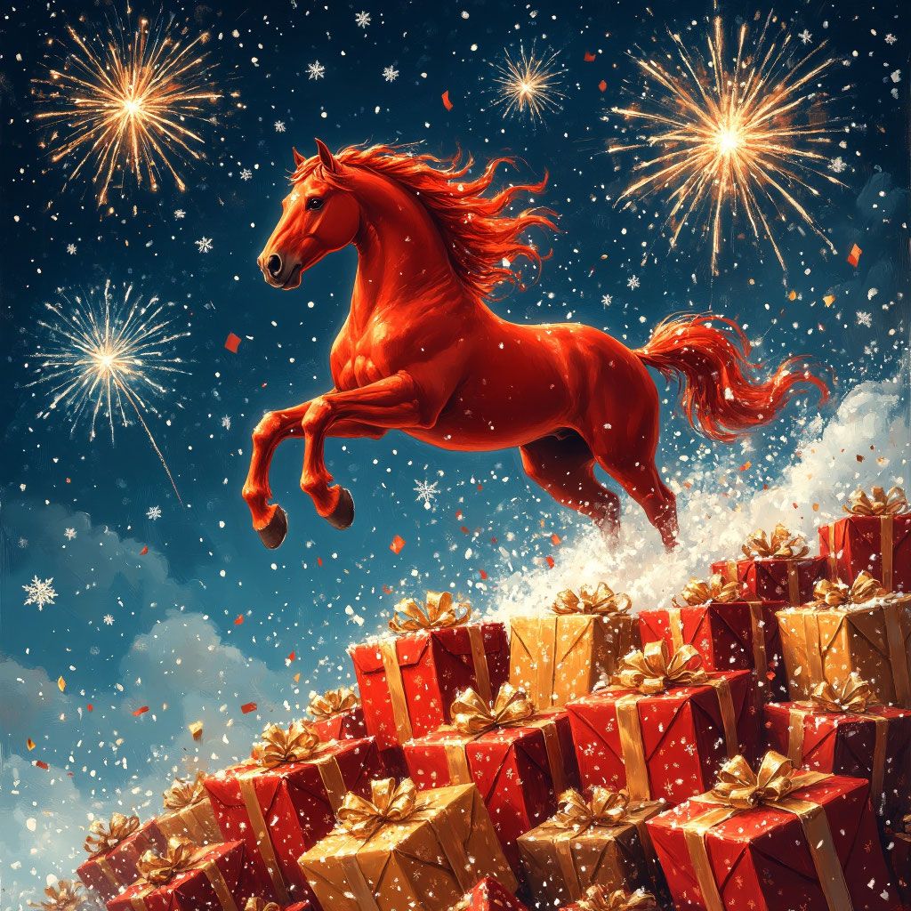 Символичное изображение Огненной Лошади и новогодних подарков в волшебной атмосфере праздника.