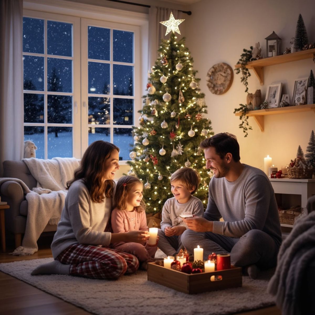 Счастливая семья в пижамах встречает Новый 2026 год у красиво украшенной елки в уютной гостиной