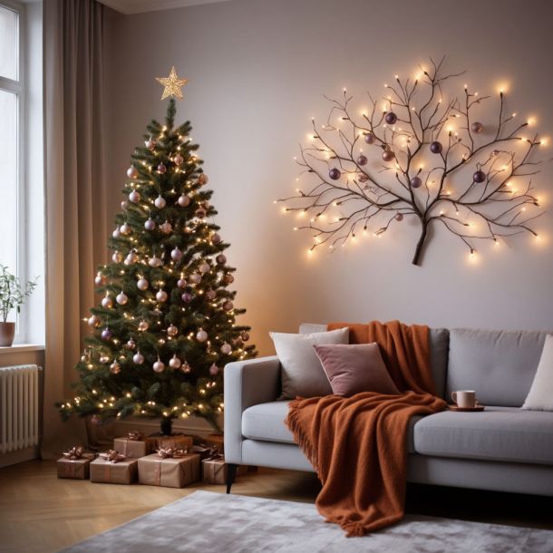 Современная гостиная, украшенная к Новому 2026 году. Альтернативная настенная ель из веток с гирляндой и шарами в трендовых цветах: лавандовом и терракотовом.
