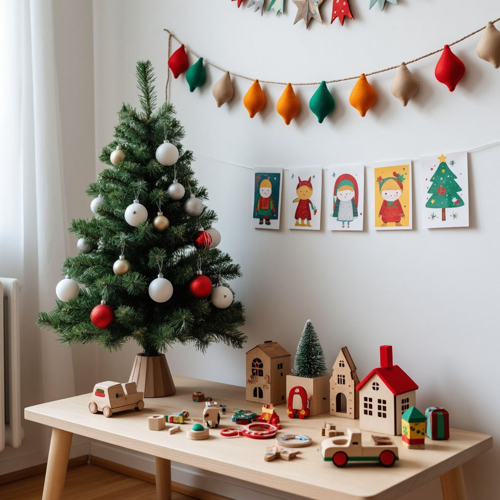 Безопасный новогодний уголок для ребенка: елка с игрушками из фетра и гирлянда из детских рисунков