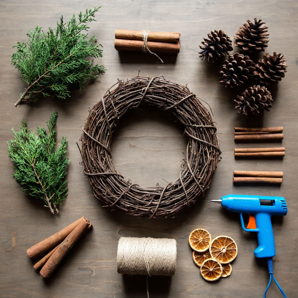 Все материалы для создания венка своими руками: основа, ветки, шишки, корица и сушеные апельсины разложены для мастер-класса