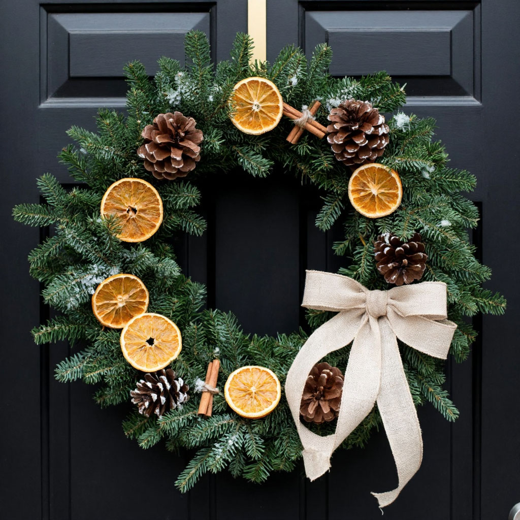 Эко-люкс венок из пихты, шишек, корицы и сушеных апельсинов на деревянной двере. Роскошный и натуральный декор