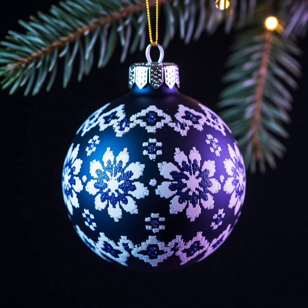 Елочный шар в стиле футуро-фольклор: традиционная гжель с пиксельным эффектом и неоновой подсветкой