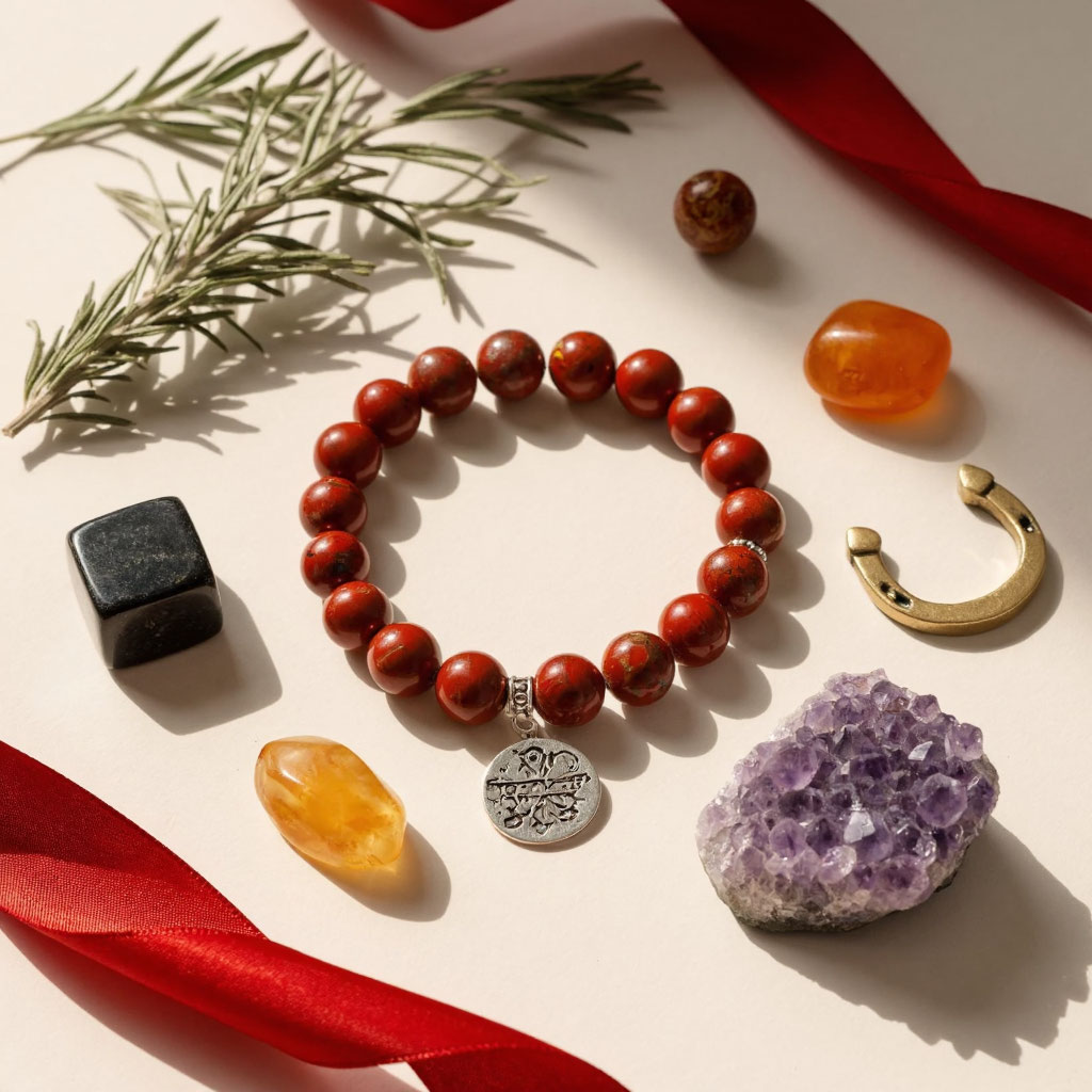 Набор натуральных камней-талисманов на 2026 год: яшма, чёрный турмалин, цитрин, карнеол, аметист и подкова