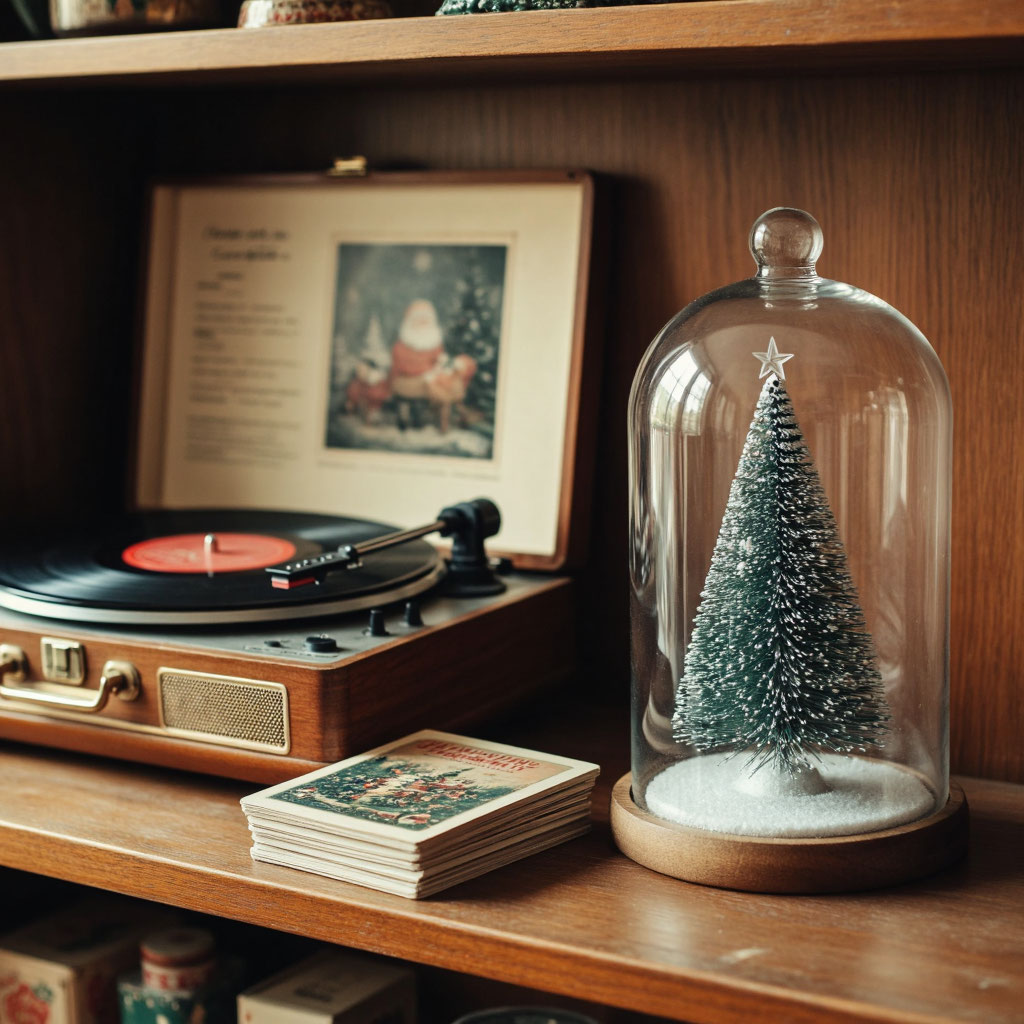 Ностальгический новогодний декор: винтажный проигрыватель, советские открытки и елочная игрушка под стеклянным колпаком.