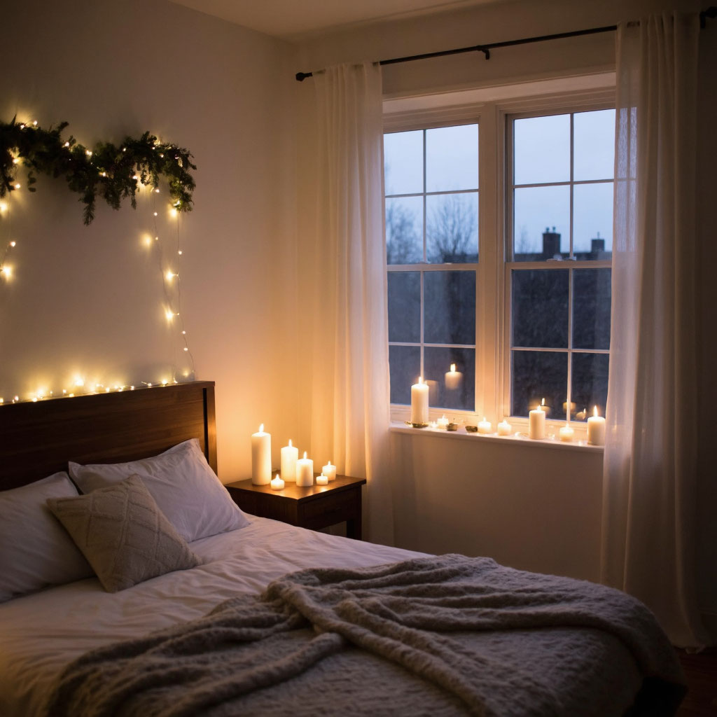 гирлянда-занавес на окне и гирлянда на изголовье кровати создают уютную атмосферу