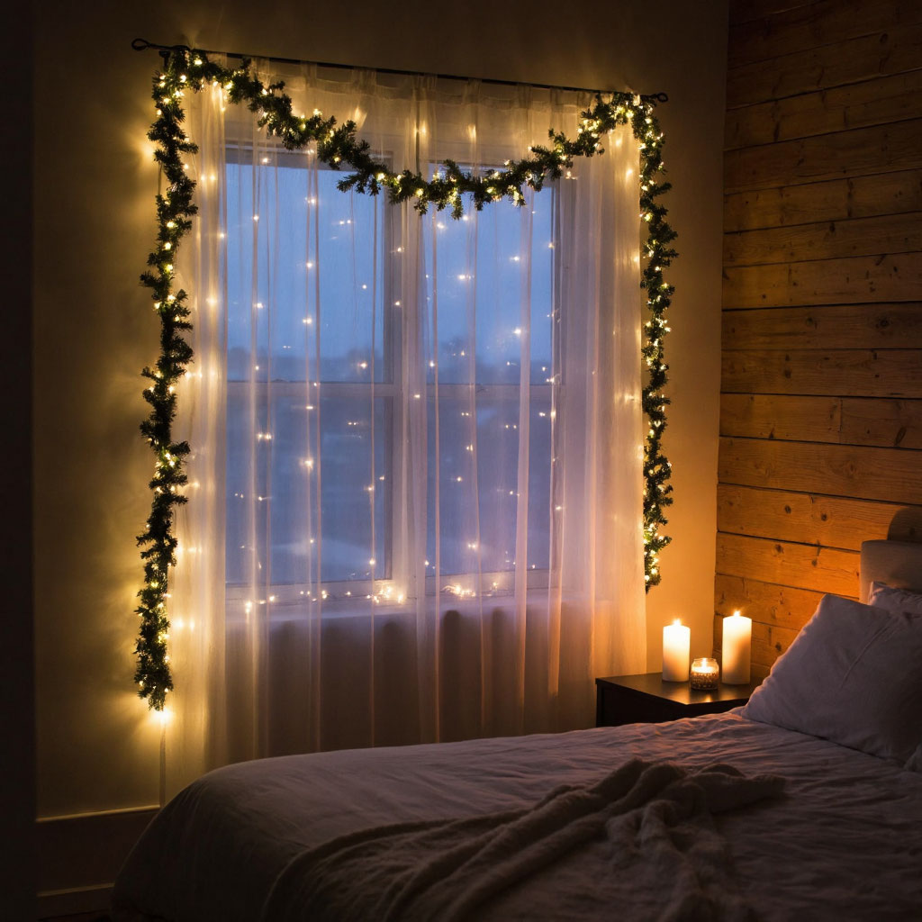 Многоуровневое новогоднее освещение в спальне: гирлянда-занавес на окне и гирлянда на изголовье кровати создают уютную атмосферу