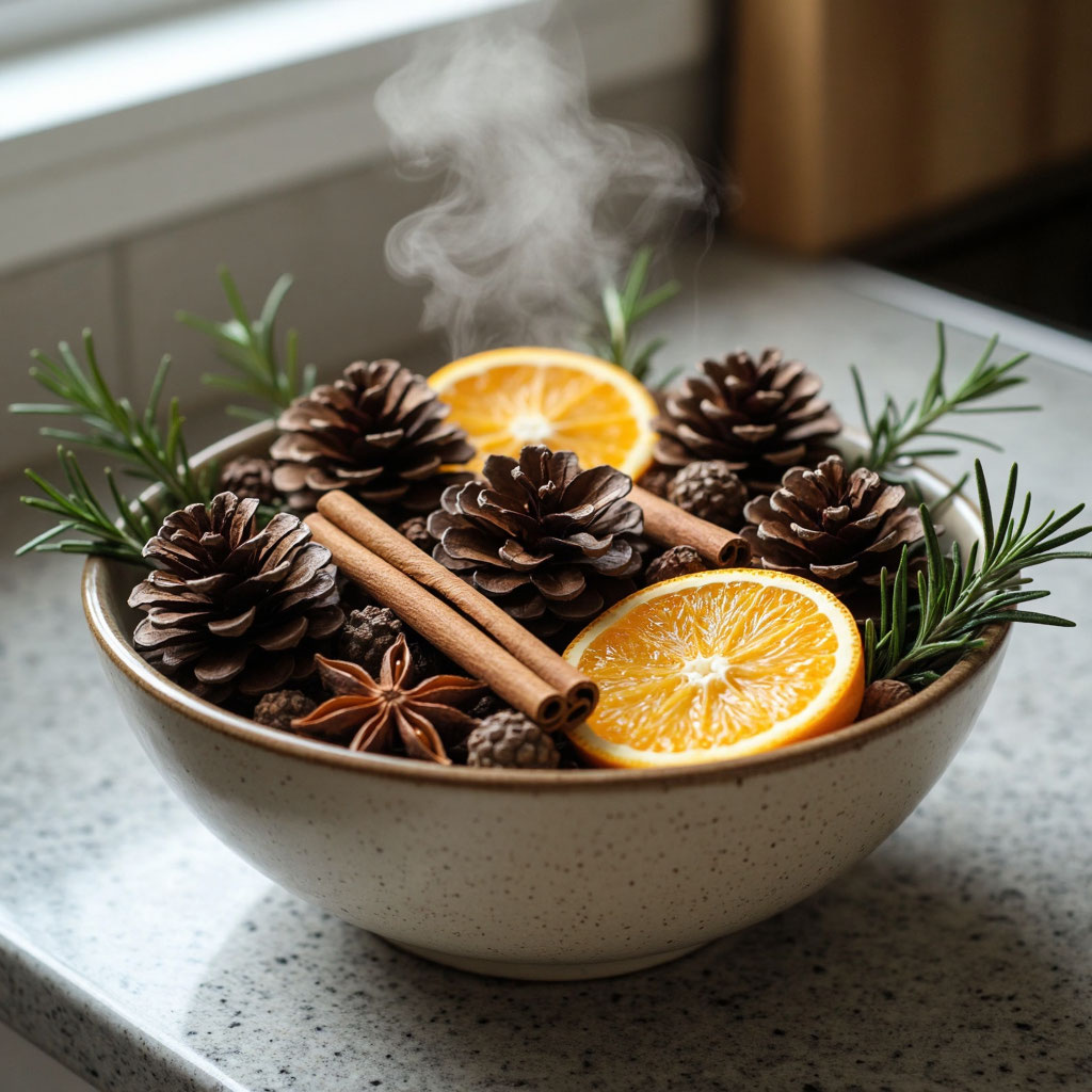 Новогодняя арома-композиция попурри в миске: корица, анис, сушеные апельсины и шишки.