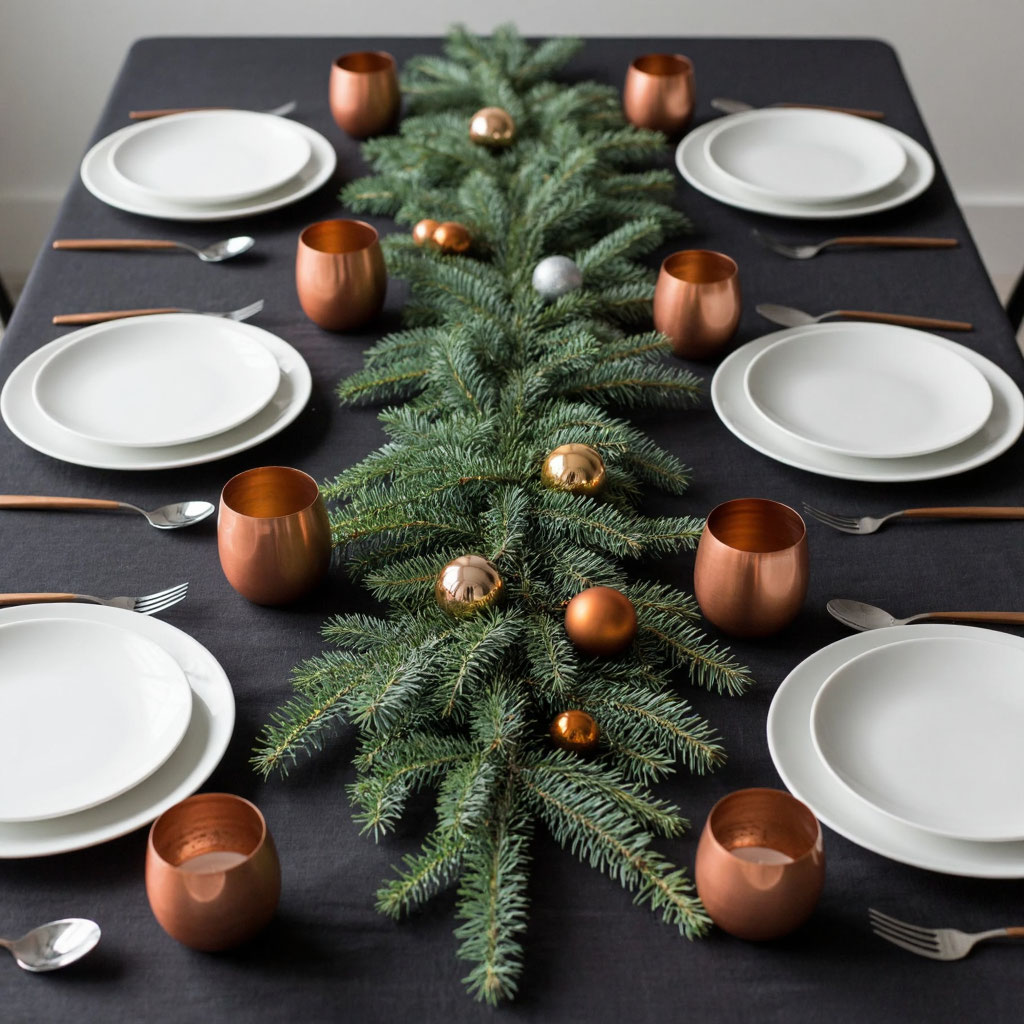 Сервировка новогоднего стола в стиле эко-люкс: еловая ветка, медные подсвечники и салфетки терракотового цвета