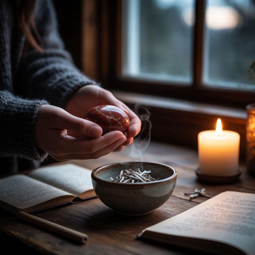 Ритуал активации талисмана: очищение дымом шалфея и намерение перед Новым годом