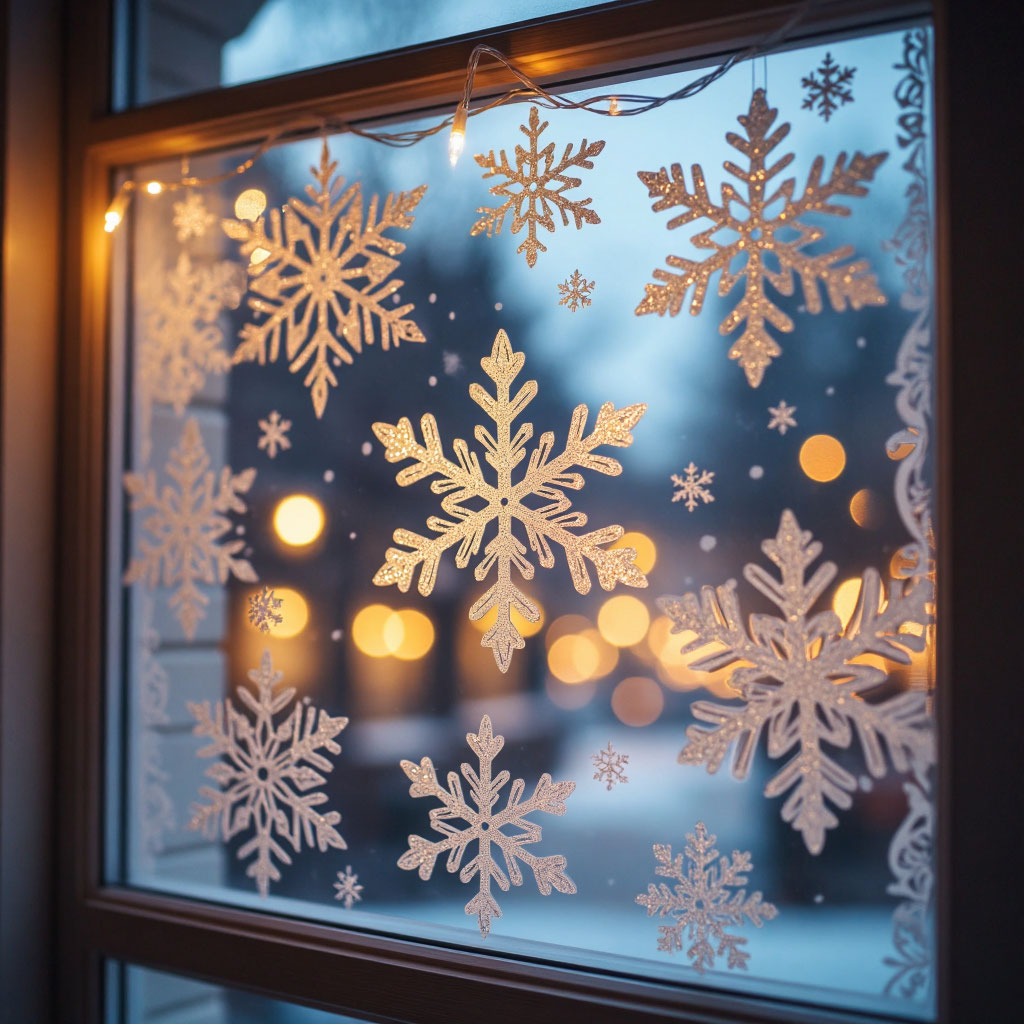 Украшение окна на Новый год ажурными вытынанками — бумажными снежинками сложного узора