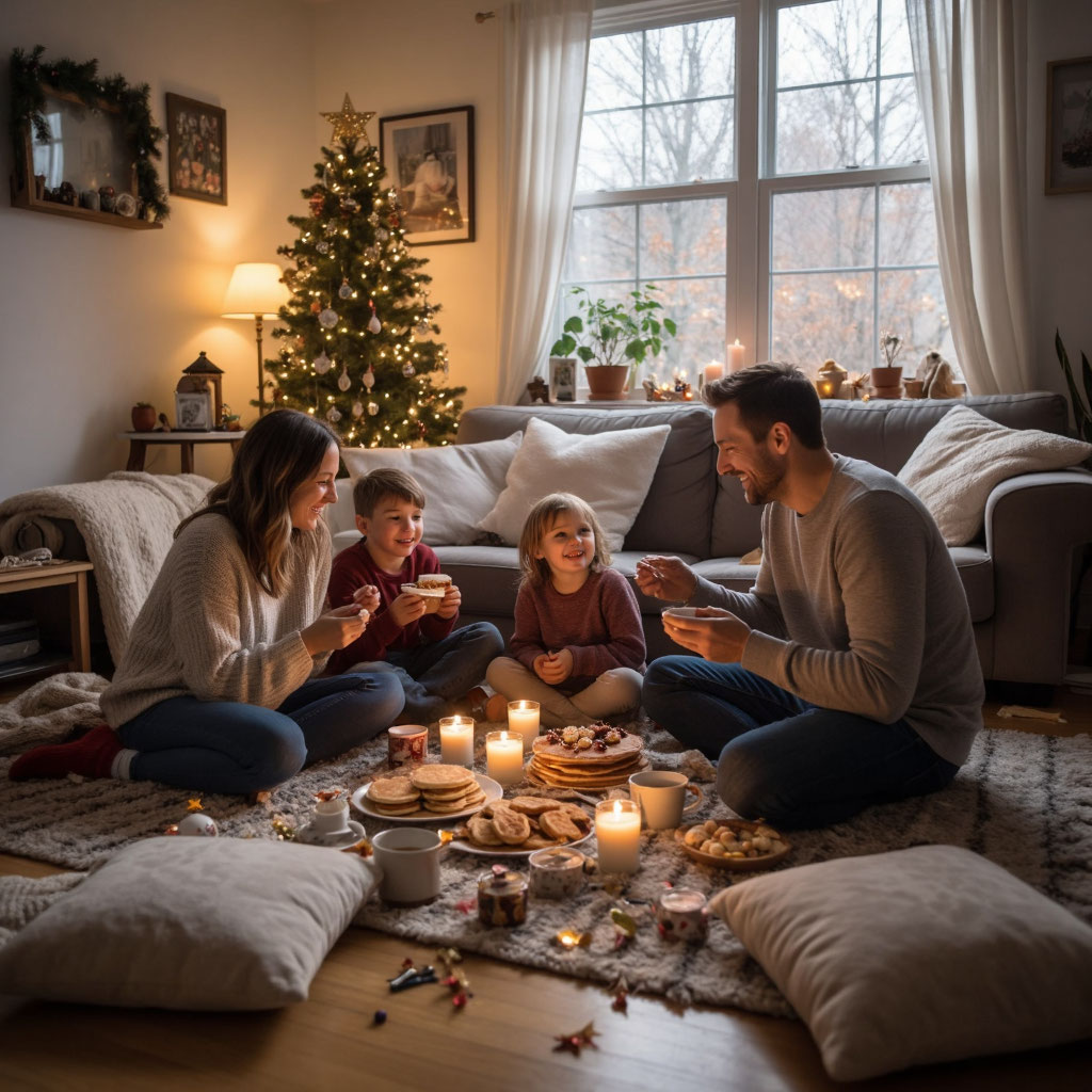 1 января: семья отдыхает после праздника, устроив пикник на полу в гостиной