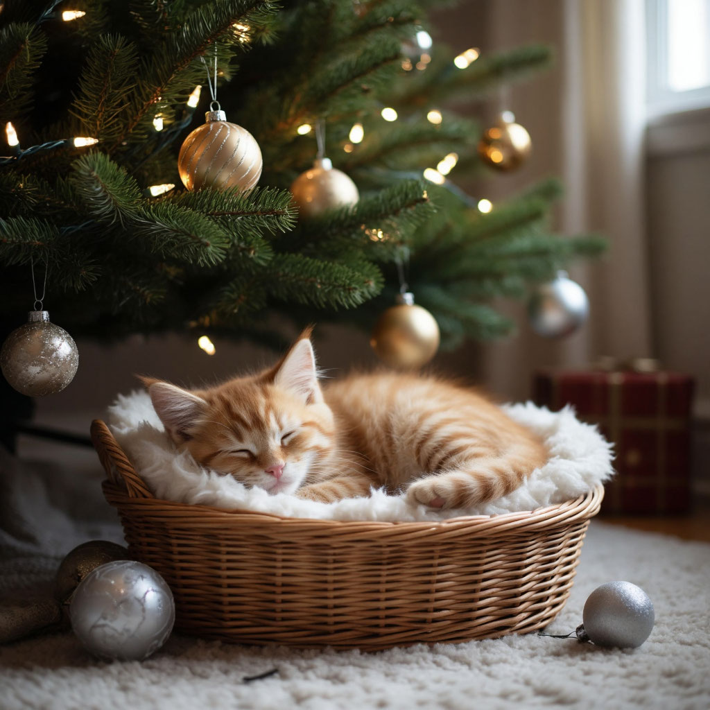 Как обезопасить елку от кота? Кот спит под надежно закрепленной елкой с мягкими игрушками в нижнем ярусе.