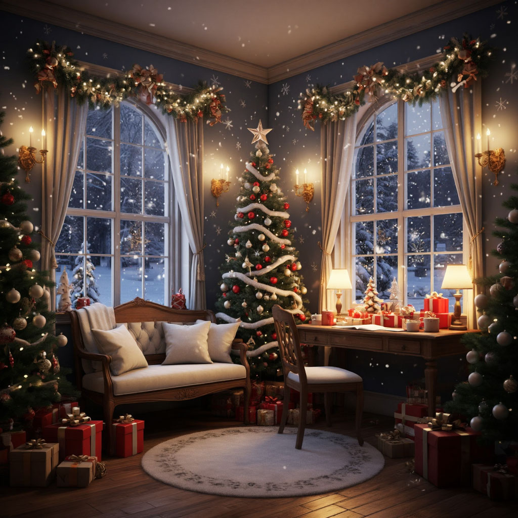 Безопасный новогодний декор: ель с светодиодной гирляндой стоит далеко от батареи, создавая уютную и безопасную атмосферу для питомца.