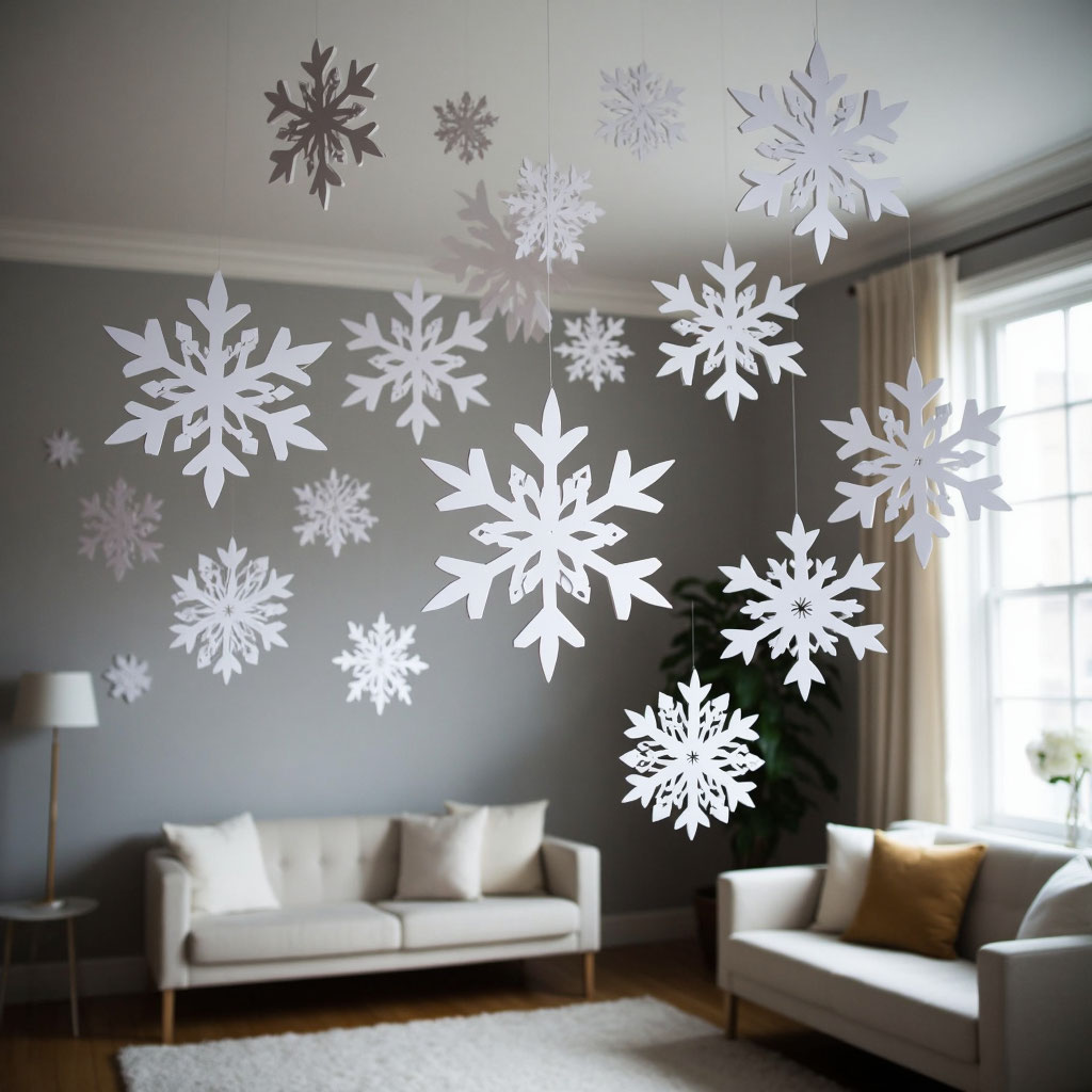 Огромные ажурные снежинки под потолком создают волшебную атмосферу зимней сказки и новогоднего чуда в комнате.
