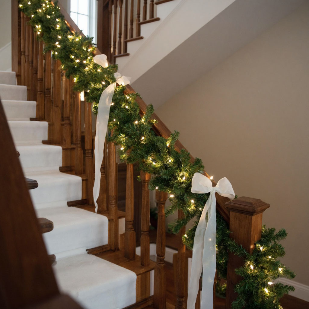 Украшение лестницы к Новому году: еловая гирлянда с лентами и огоньками создает ощущение праздника во всем доме.