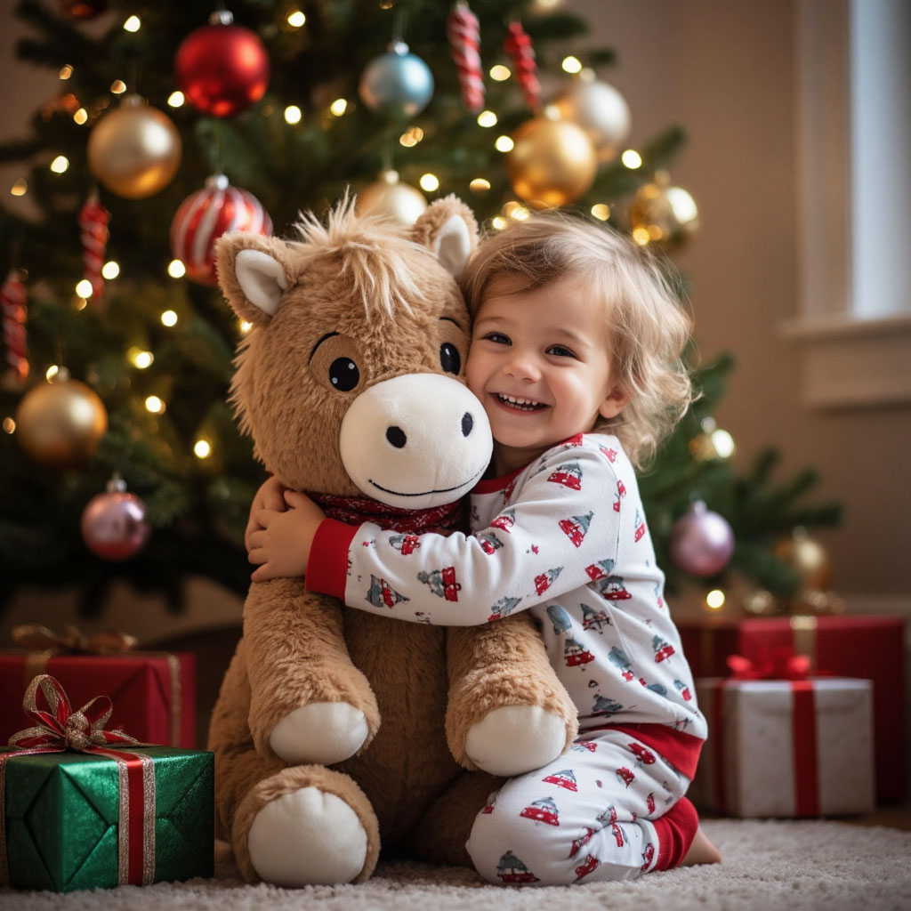 Эмоции ребенка, получающего в подарок на Новый год большую мягкую игрушку-лошадку.