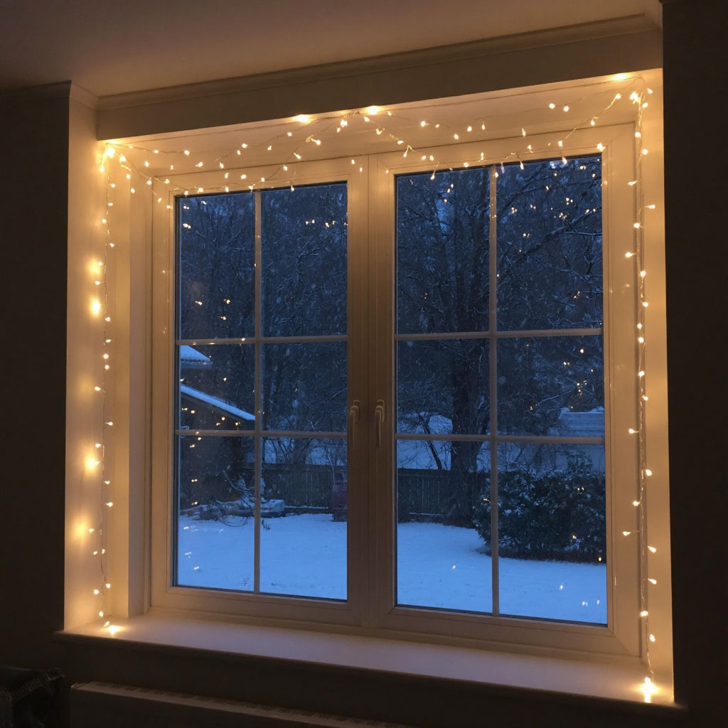 Быстрый декор: гирлянда по периметру комнаты создает волшебную атмосферу и отражается в окне с зимним пейзажем.