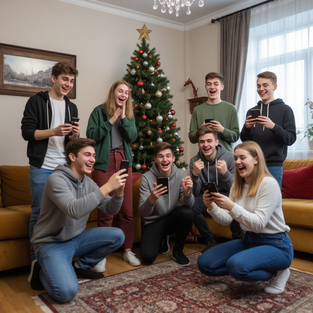 Подростки участвуют в веселом новогоднем фото-челлендже с телефонами