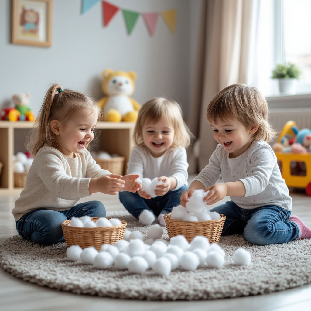 Маленькие дети весело играют в новогодний конкурс Собери снежки из ваты