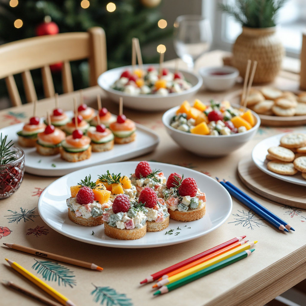 Красиво накрытый новогодний стол для семьи с детьми, с полезными и яркими блюдами