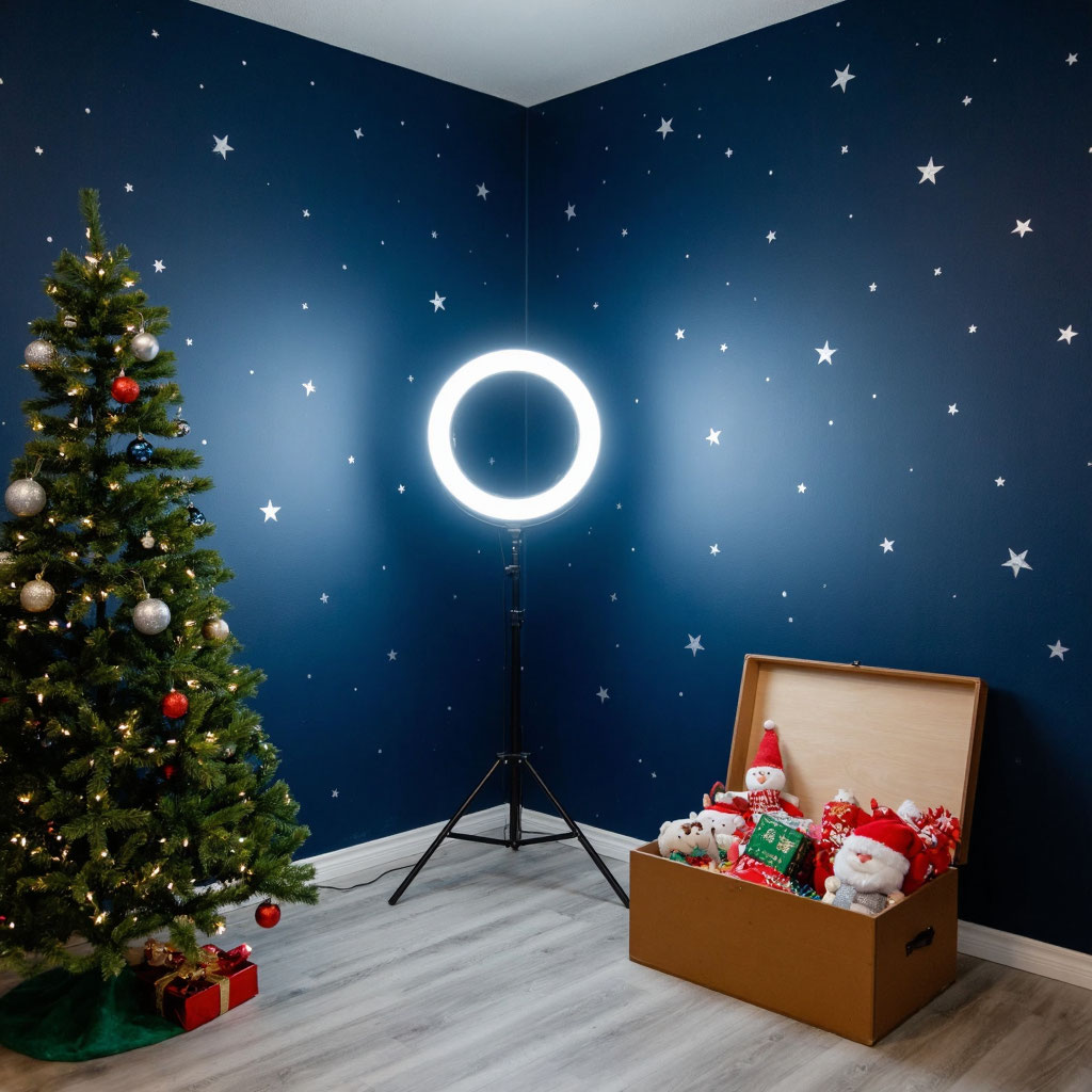 Новогодняя фотозона с волшебной атмосферой: звездная ночь, подсветка и праздничные аксессуары для незабываемых фото.