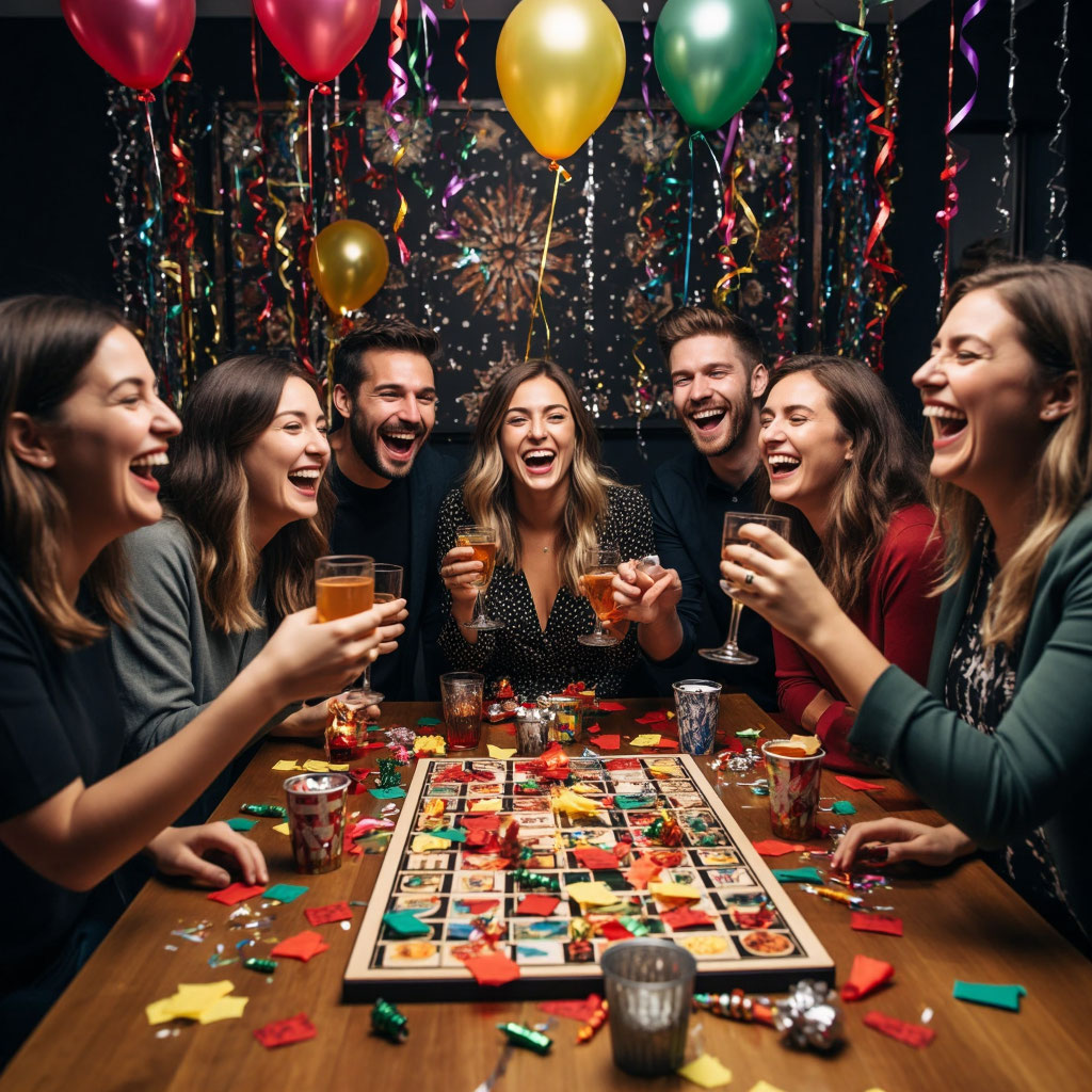 Друзья весело проводят время с подарками-играми и напитками на новогодней вечеринке