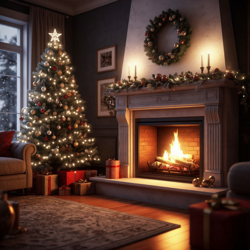 Мужские подарки в уютной новогодней обстановке у камина и рождественской елки.