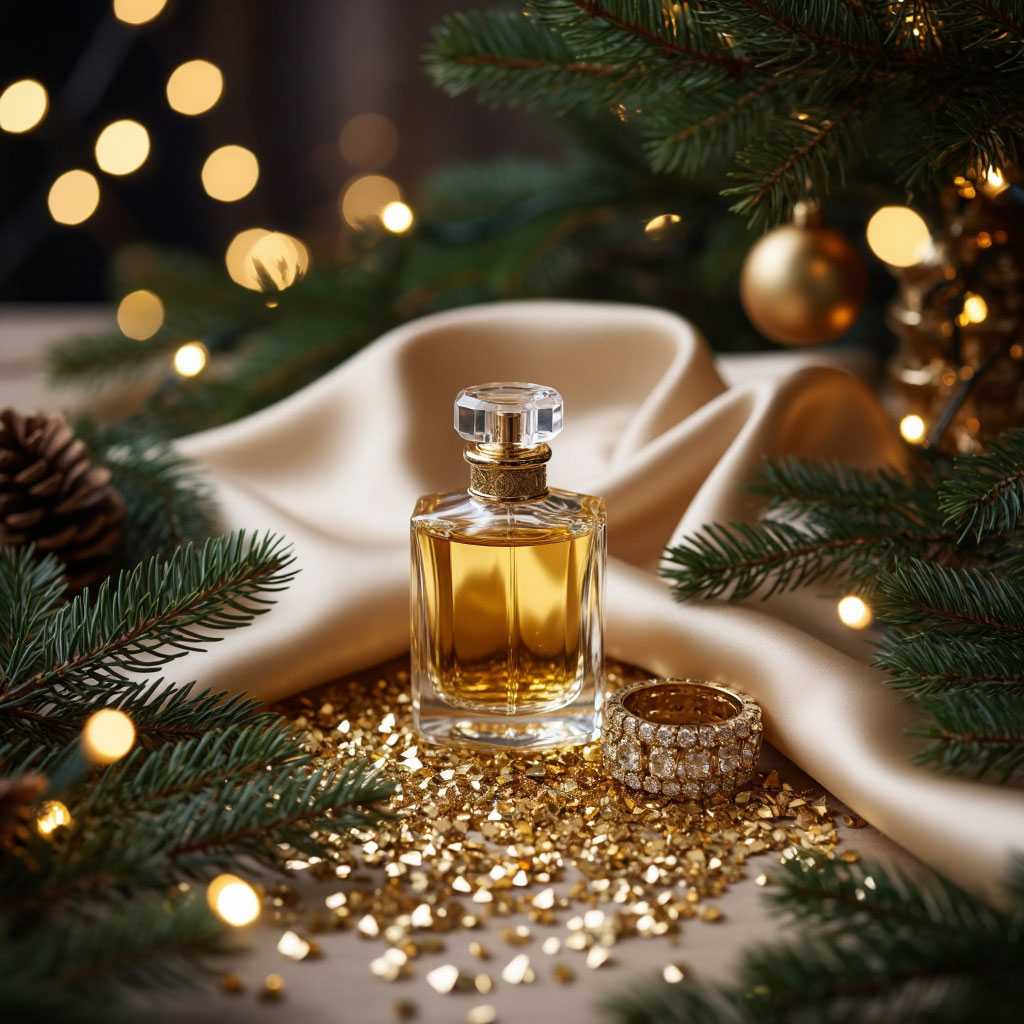 Роскошные женские подарки, окруженные новогодним декором, елкой и гирляндами.