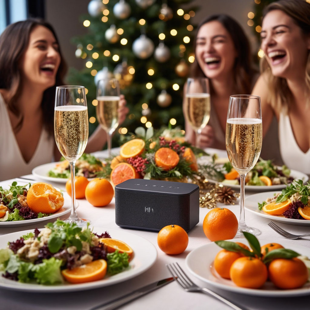 Праздничное новогоднее застолье, где одним из главных подарков становится современный гаджет