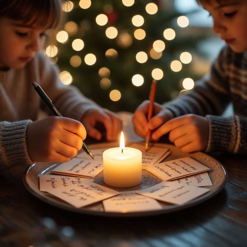 Ритуал загадывания желаний на Новый 2026 год: члены семьи пишут желания на бумаге