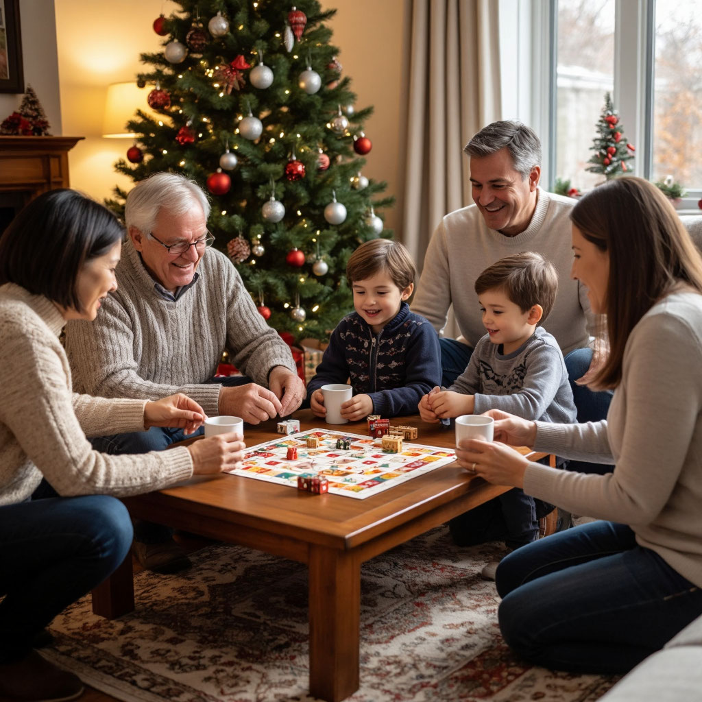 Семья из нескольких поколений играет в настольные игры у новогодней елки