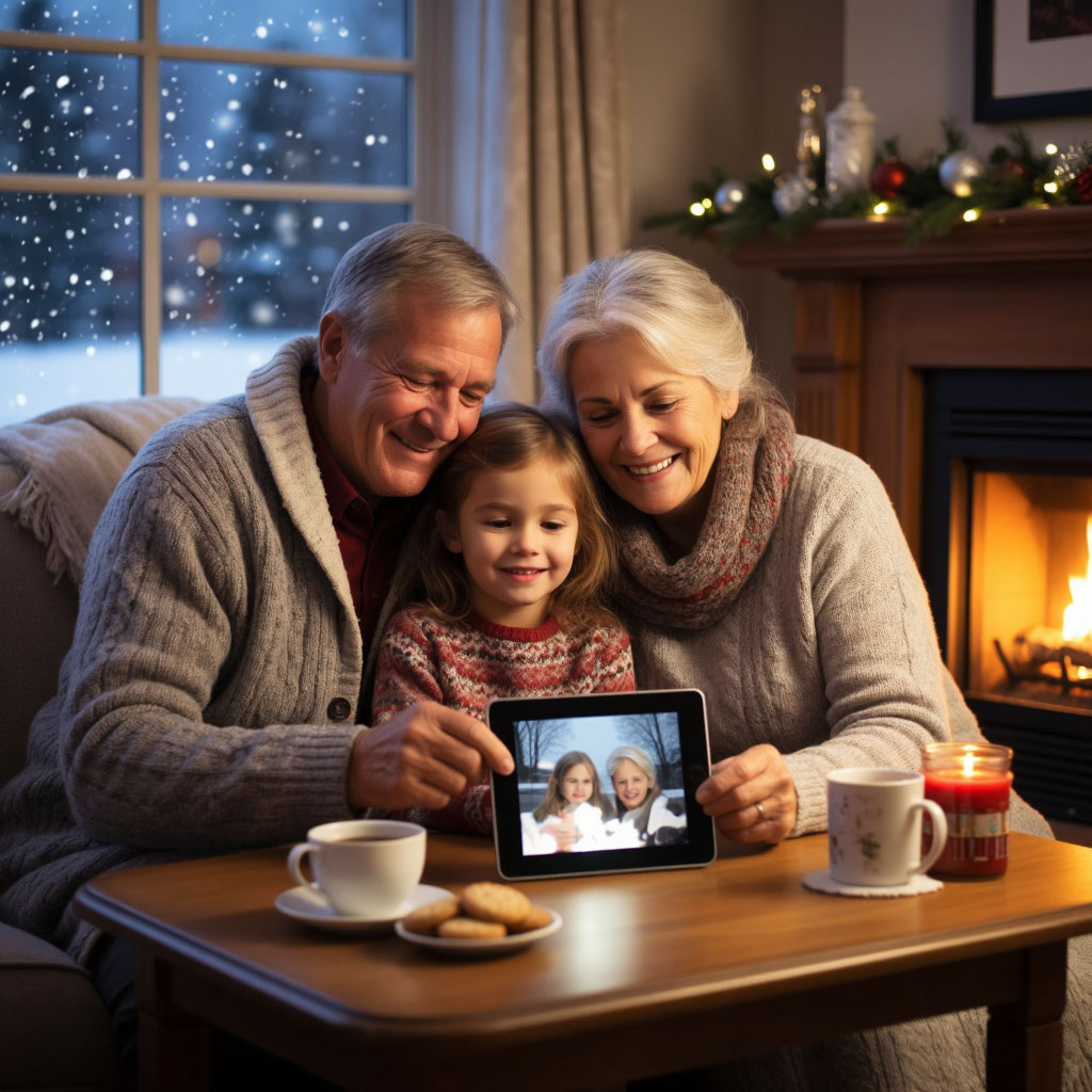 Трогательная сцена: старшее поколение получает в подарок уют и технологии в новогодний вечер.