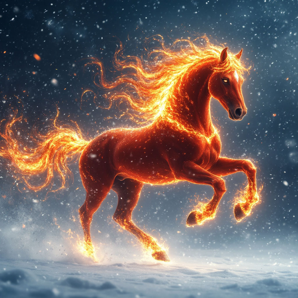 Стилизованная иллюстрация символа 2026 года — Огненной Лошади из огня и золотых искр