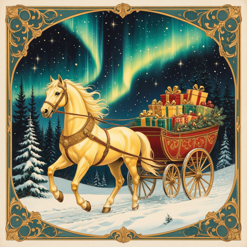 Стилизованное изображение лошади-символа года в виде винтажной новогодней открытки