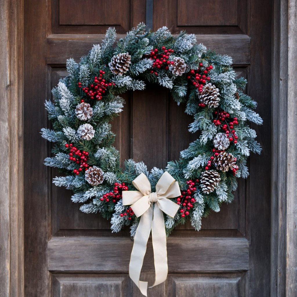 Эко-тренд 2026: волшебный рождественский венок из натуральных материалов, припорошенный снегом, на массивной деревянной двери.