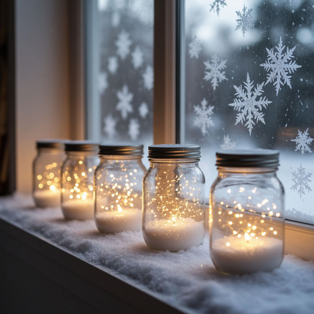 Волшебные светильники своими руками: банки со снегом и подсветкой на подоконнике, создающие уют в зимний вечер.